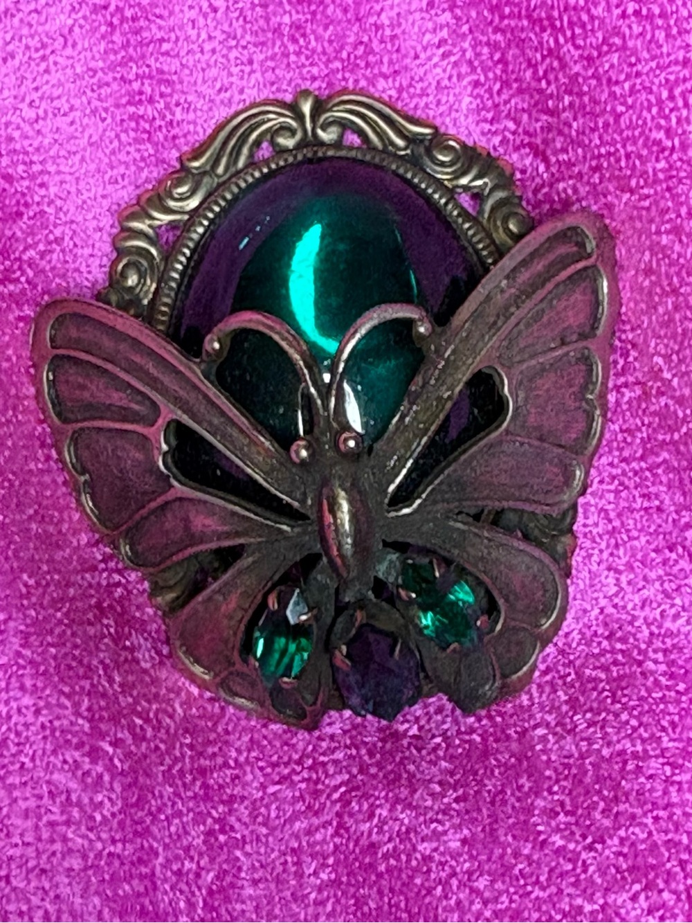 Antique-Style Danny pollak Green Butterfly Brooch with Faceted Gem Accent